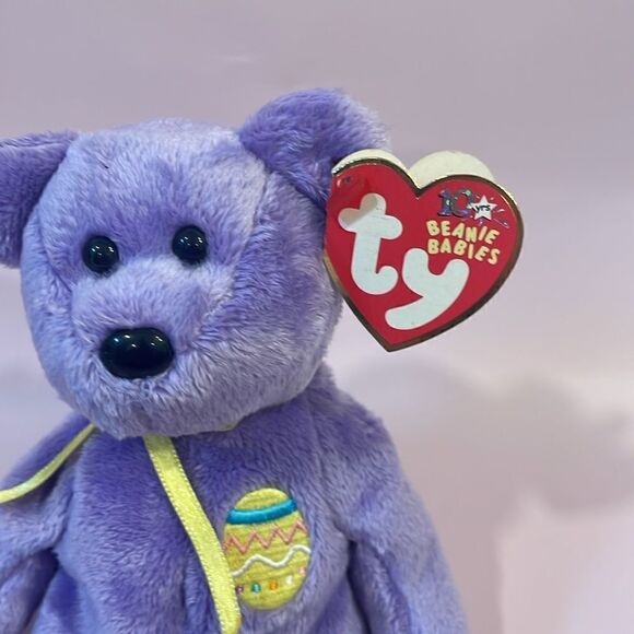 Ty 10 years Beanie Baby 2002 Eggs III The Bear Purple & Yellow Bear EUC NWT 9” - Picture 6 of 10